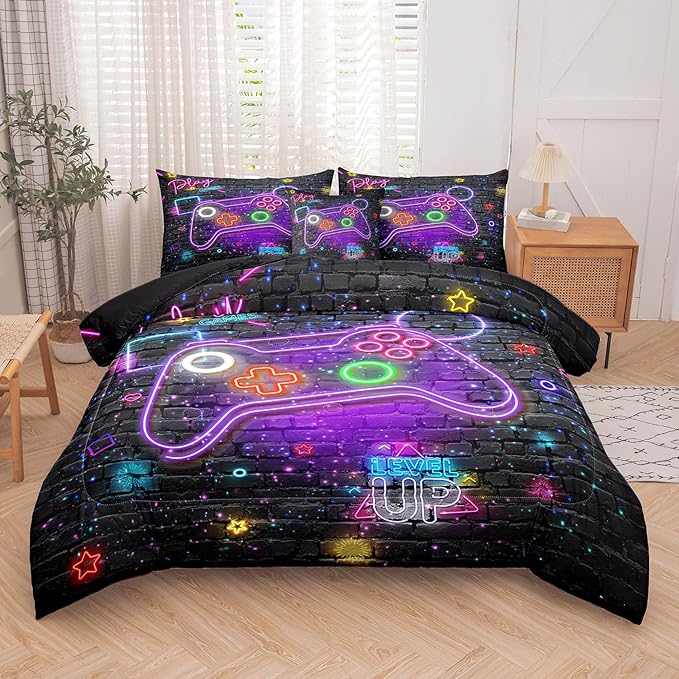 NINENINE Gaming Bedding Sets for Boys,6PCS Queen Size for Boys,Gamer Comforter Kids Teens Bedding Comforter Sheet Set(1Comforter,1Flat Sheet,1Fitted Sheet,1Cushion Cover,2Pillowcases)… - LeafyLoom