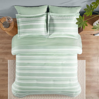 Codi Queen Comforter Set 7 Piece, Sage Green White Striped Bed in a Bag Reversible, Cationic Dyeing Shabby Chic Bedding Sets with Comforter, Sheets, Pillowcases & Shams - LeafyLoom