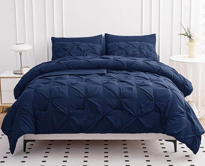 LANE LINEN Twin Comforter Set, 5 Piece Twin Bedding Sets for Boys, Pintuck Twin Size Bed Set, Pinch Pleated Twin Bed in a Bag Set, Twin Bed Comforter Set with Sheets, Pillowcase & Sham - Navy Blue - LeafyLoom