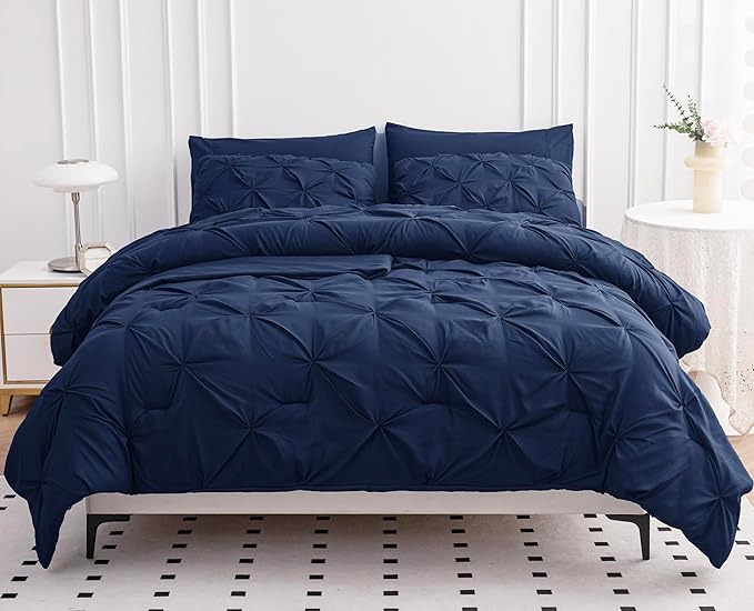 Lane Linen King Size Comforter Set, 7 Piece Bedding King Size, Pintuck King Bed in a Bag Set, Soft King Size Bed Set, Pinch Pleated King Size Comforter Set with Sheets, Pillowcases & Shams - Navy Blue - LeafyLoom