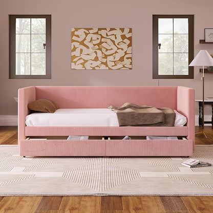 Twin Size Upholstered Daybed with 2 Storage Drawers, Corduroy Sofa Bed Frame for Living Room, Bedroom, Wood Slat Support, Pink - LeafyLoom