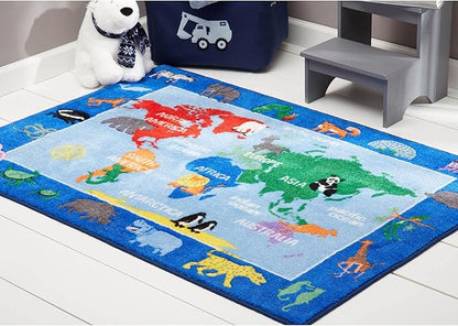 Eric Carle Elementary World Map Kids Machine Washable Area Rug Blue/Red, 35"x51" - LeafyLoom