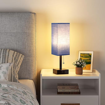 Blue Small Table Lamp for Bedroom - 3 Color Temperature 3000K 5000K 4000K Bedside Lamp, Pull Chain Control, USB A and C Charging Ports, Black Base, for Kids Office Dorm nightstand, Bulb Included - LeafyLoom