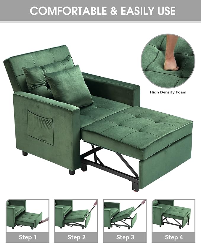 XSPRACER [UPDATED] Convertible Chair Bed, Sleeper Chair Bed 3 in 1, Stepless Adjustable Backrest,Armchair, Sofa, Bed, Flannel, Dark Green, Single One - LeafyLoom