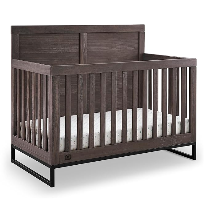 Simmons Kids Foundry 6-in-1 Convertible Baby Crib, Rustic Grey with Matte Black - LeafyLoom