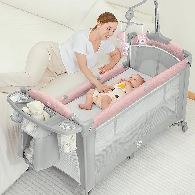 BabyBond Baby Bassinet Bedside Crib, Pack and Play with Sheet, Diaper Changing Table and Music Mobile from Newborn to Toddles, Portable Large Playard - LeafyLoom