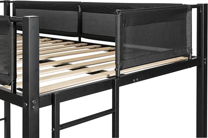 Twin over twin bunk bed with Trundle,Sturdy Metal Frame,Noise-Free Wood Slats,Comfortable Textilene Guardrail, 2 side Ladders,Space-Saving-Trundle,Bunk-Bed for Three,No Box Spring Needed,Black - LeafyLoom