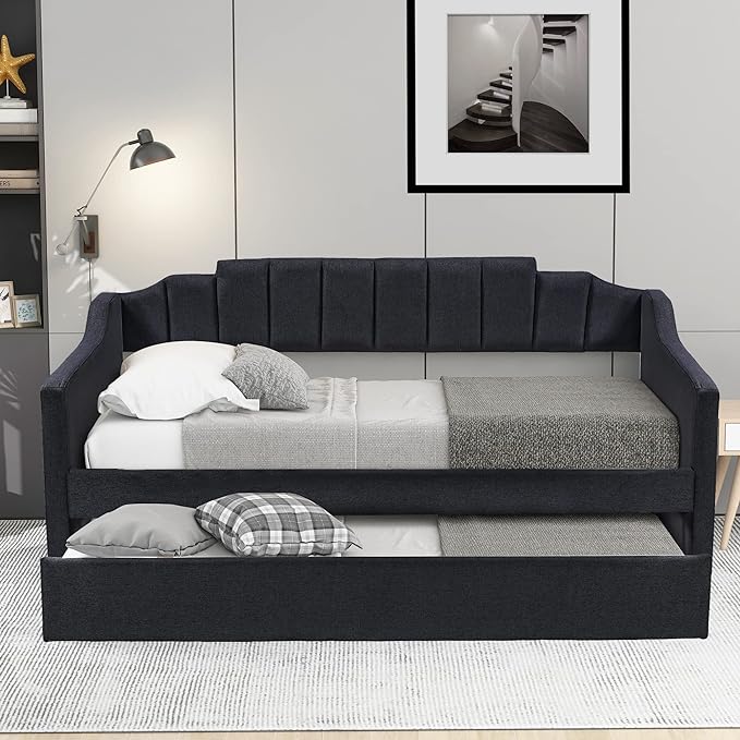 Moden Upholstered Twin Daybed with Trundle, Twin Size Sofa Bed Wood Bed Frame for Bedroom Living Room, No Box Spring Needed, Black - LeafyLoom