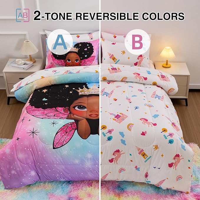 A Nice Night Black Girl Princess with Wings Comforter Set,Pink Gradient Glitter Rainbow Galaxy 6pcs Kids Bedding Set,Full - LeafyLoom