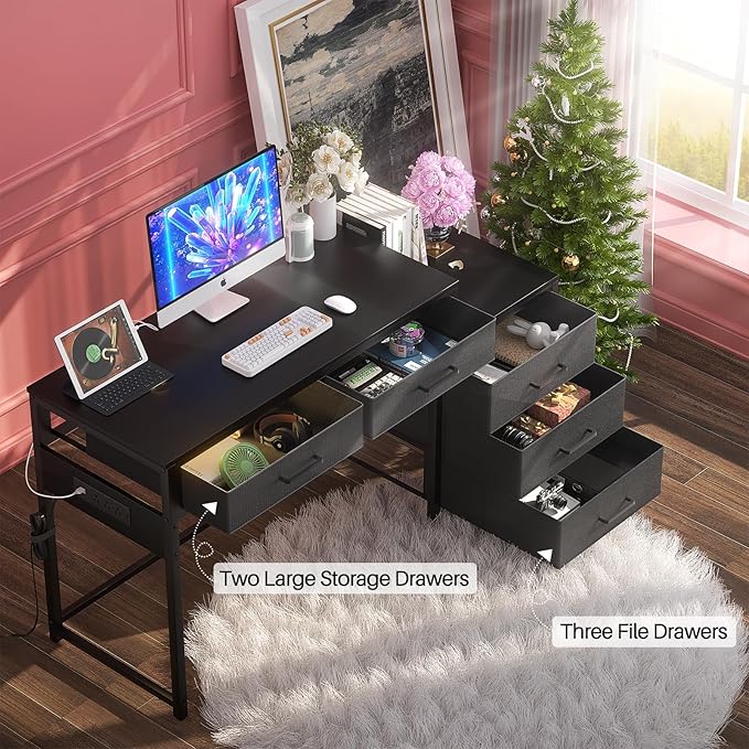 Computer Desk with 5 Drawers, Reversible Office Desk with Power Outlets and USB Charging Ports, Sturdy Writing Table with File Cabinet and Printer Stand, Laptop Desk for Small Spaces, Black - LeafyLoom