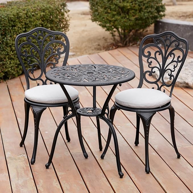 3 Piece Bistro Patio Set Cast Aluminum Bistro Table and Chairs Set of 2 with Cushion,Outdoor Bistro Table Set with Umbrella Hole,Metal Patio Furniture Set for Garden,Black - LeafyLoom