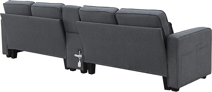 114.2" Linen Upholstered Sofa with Consoleand 2 USB Ports Wired or Wirelessly Charged,Modern 4-Seat Couches W/ 4 Pillows and Two Cupholders,for Living Room,Apartment,Dark Grey - LeafyLoom