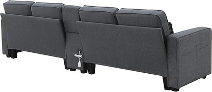 114.2" Linen Upholstered Sofa with Consoleand 2 USB Ports Wired or Wirelessly Charged,Modern 4-Seat Couches W/ 4 Pillows and Two Cupholders,for Living Room,Apartment,Dark Grey - LeafyLoom