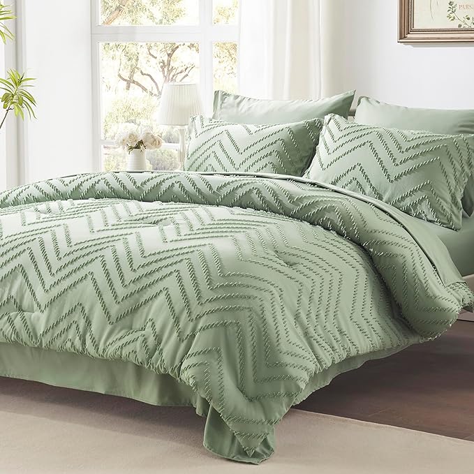 Anluoer Full Comforter Set, Sage Green, 7 Pieces with Sheets, All Season Bedding, Extra Cozy Down Alternative, Machine Washable - LeafyLoom