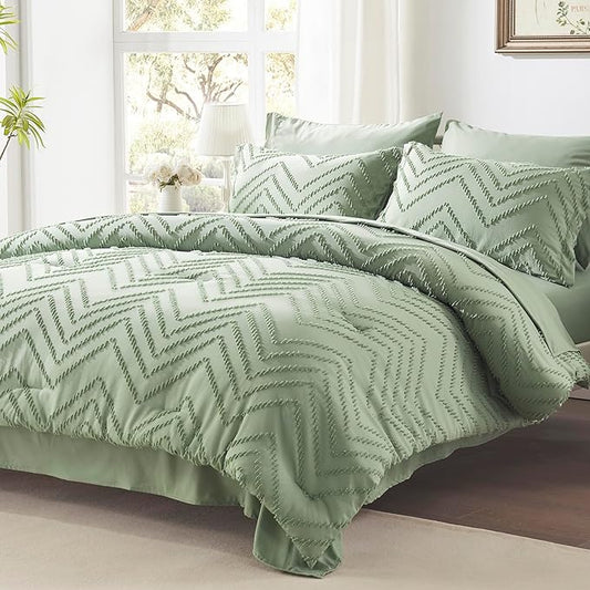 Anluoer Twin Comforter Set, Sage Green Tufted Bed in a Bag 5 Pieces with comforters and sheets, All Season Bedding Sets with 1 Comforter, 1 PillowShams, 1 Pillowcases, 1 Flat Sheet, 1 Fitted Sheet - LeafyLoom