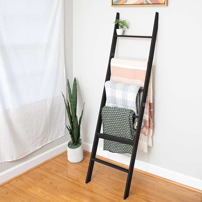 Ilyapa Blanket Ladder for The Living-Room - Rustic Decorative Quilt Ladder with Folding Construction for Easy Storage, Black Weathered Wood, Blanket Ladders for The Living Room, Bathroom - LeafyLoom