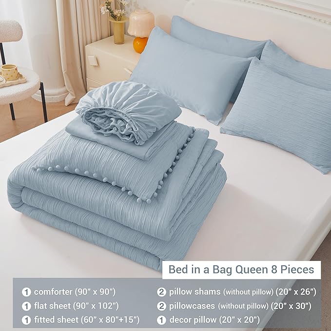 Queen Comforter Set Blue, 8 Piece Bed in a Bag Queen for All Season, Woven Texture Bedding Comforter Set with Sheets and Pillows, Soft Lightweight Queen Comforter Bed Set, Light Heaven Blue - LeafyLoom