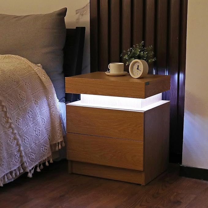 HOMMPA LED Nightstand Wood Bedside Table with Led Lights Modern LED Night Stand with 2 Drawers Smart Nightstand Matte Night Table for Bedroom 20.5" Tall - LeafyLoom