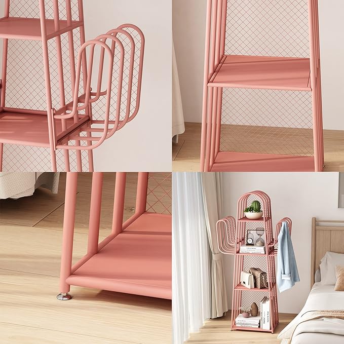 DOORXIF 4-Tier Ladder Pink Bookshelves Freestanding, Cactus Bookcase Storage Organizer Closet Corner Metal Display Cabinet, Corner Pink Bookshelf for Small Spaces, Pink Bookcase for Bedroom Office - LeafyLoom