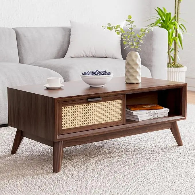 Bme Modern Solid Wood Coffee Table with Storage, Accent Rattan Design, Perfect for Living Room, Walnut, Medium - LeafyLoom