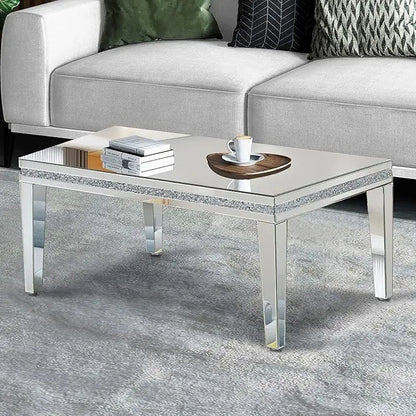 Silver Mirrored Coffee Table, Rectangle Living Room Tables with Crystal Inlay, Gorgeous Modern Mirror Coffee Table Mirrored Furniture for Living Room, Office - LeafyLoom