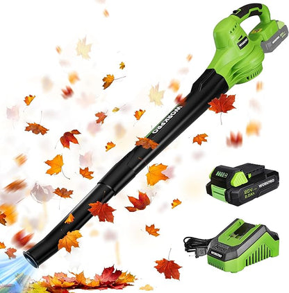 WORKPRO Cordless Leaf Blower, 20V Battery Powered Leaf Blower for Lawn Care, 2-Speed Control Lightweight Mini Electric Leaf Blower wih Battery and Charger - LeafyLoom