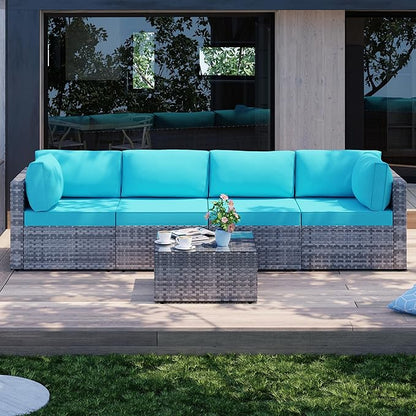 Shintenchi 5 Pieces Outdoor Patio Sectional Sofa Couch, Silver Gray PE Wicker Furniture Conversation Sets with Washable Cushions & Glass Coffee Table for Garden, Poolside, Backyard (Blue) - LeafyLoom