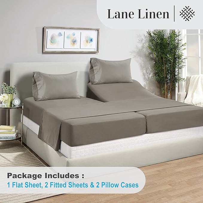 LANE LINEN Split King Sheets for Adjustable Beds - 1000 Thread Count 5 Piece Set 100% Egyptian Cotton Sateen Weave Cool Breathable & Soft 2 Fitted Fits Upto 17" Deep Pockets Silver - LeafyLoom