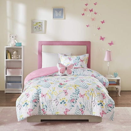 Mi Zone Kids Cynthia Comforter for Girls Microfiber Animal Butterfly Print, Modern All Season Down Alternative Kids Bed Set, Matching Sham, Decorative Pillow, Full/Queen, Pink 4 Piece - LeafyLoom