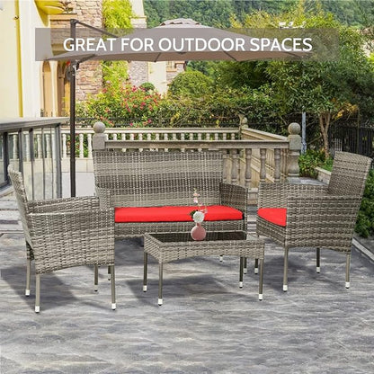 FDW 4 Pieces Outdoor Furniture Set Patio Conversation Set Wicker with Rattan Chair Loveseats Coffee Table for Outdoor Indoor Garden Backyard Porch Poolside Balcony,Gray Wicker/Red Cushions - LeafyLoom