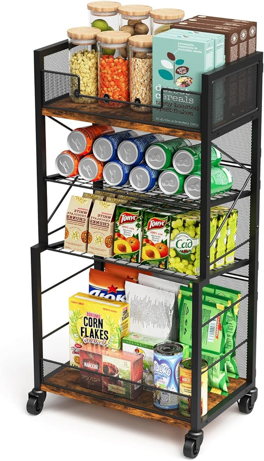 4-Tier Rolling Storage Cart Organizer with 2 Mesh Sliding Trays, Can,Drink,Snack Organizer Shelves, Retro Utility Cart on Lockable Wheels for Kitchen,Bathroom,Study,Pantry - LeafyLoom