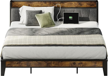 LIKIMIO King Size Bed Frame, Storage Headboard with Charging Station, Solid and Stable, Noise Free, No Box Spring Needed, Easy Assembly - LeafyLoom