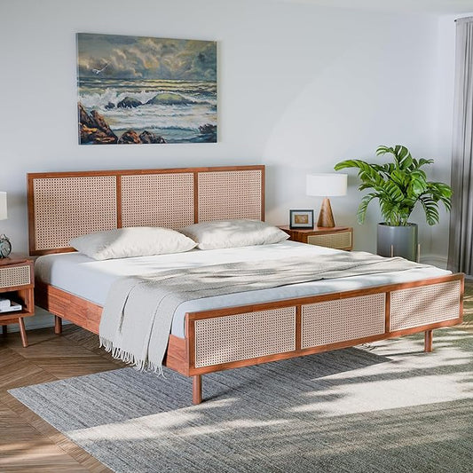 Bme Nancy Signature Bed Frame, King Bed Frame and Headboard Unique Geometric, Mid Century Modern, Solid Acacia Wood, No Box Spring Needed, 12 Strong Wood Slats Support, Easy Assembly, Dark Chocolate - LeafyLoom