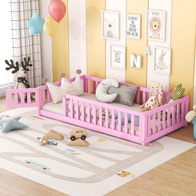 Multifunctional Twin Size Floor Bed with Safety Guardrails and Door, Removable Wood Slats, Montessori Beds Frame for Toddlers, for Boys and Girls, Pink - LeafyLoom