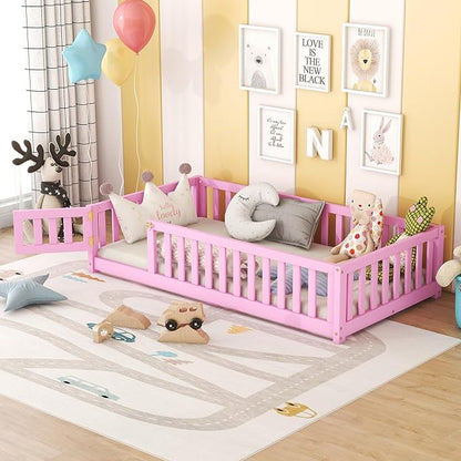 Multifunctional Twin Size Floor Bed with Safety Guardrails and Door, Removable Wood Slats, Montessori Beds Frame for Toddlers, for Boys and Girls, Pink - LeafyLoom