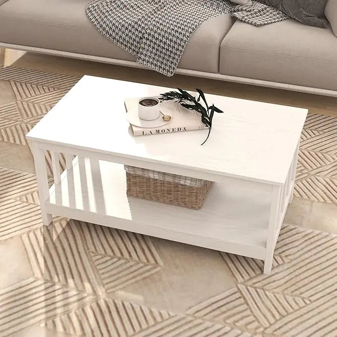 ChooChoo Farmhouse Coffee Table, Pure White Living Room Table with Shelf, 40 Inch - LeafyLoom