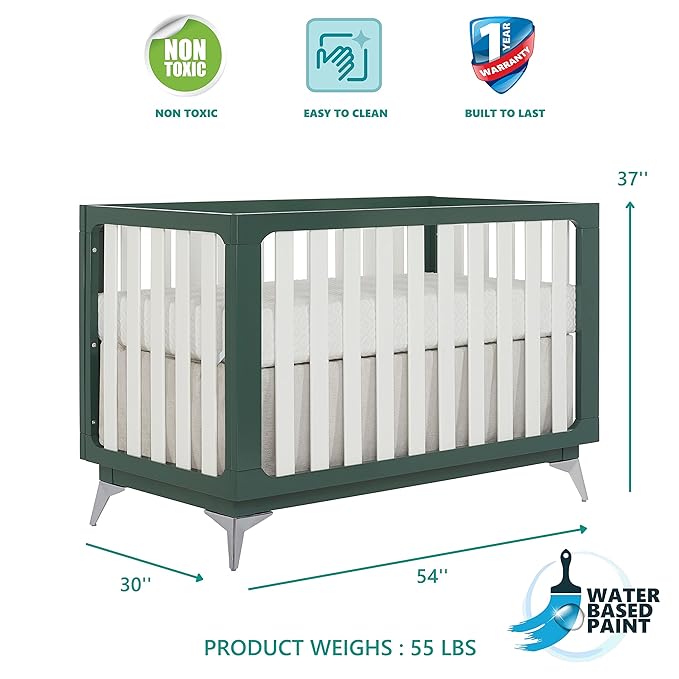 Sweetpea Baby Ultra Modern 4-in-1 Convertible Crib in Green in Olive, Greenguard Gold Certified , 58.5x30x47 Inch (Pack of 1) - LeafyLoom