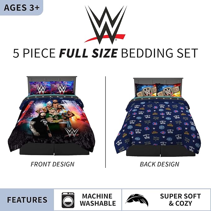 Franco Kids Bedding Super Soft Comforter and Sheet Set, 5 Piece Full Size, WWE - LeafyLoom