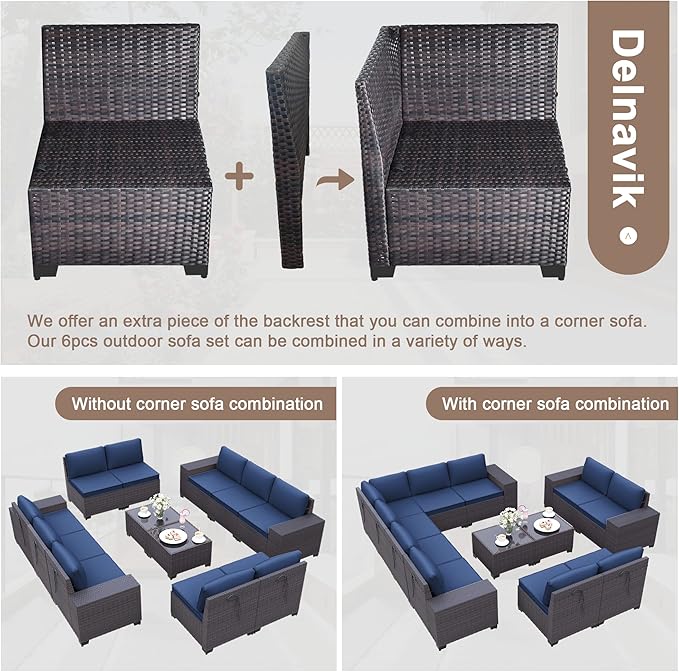 Patio Furniture Set Sofa 12-Pieces Wicker Sectional Sofa Set, Outdoor Furniture Rattan Patio Conversation Set with Thickened Cushions and Glass Coffee Table, Navy Blue - LeafyLoom