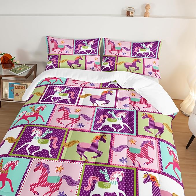 HOSIMA 3Pcs Kawaii Kids Horse Comforter Set with 2 Pillowcases,Colorful Dots Style Comforter for Adults Teens Princess Toddler Bedding Set,Horse Pony King Size Comforter Set. - LeafyLoom