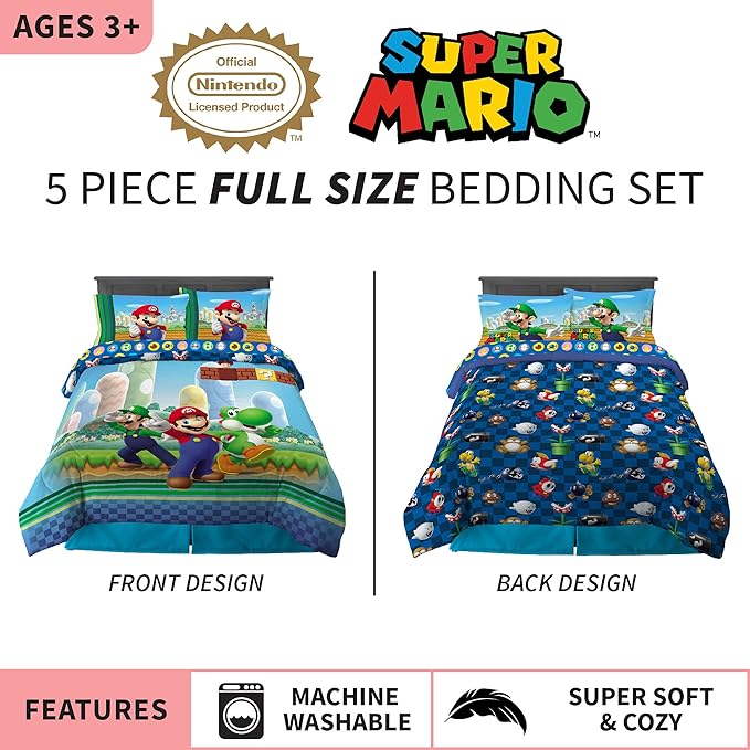 Franco Kids Bedding Super Soft Comforter and Sheet Set, (5 Piece) Full Size, Mario - LeafyLoom