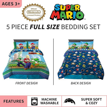 Franco Kids Bedding Super Soft Comforter and Sheet Set, (5 Piece) Full Size, Mario - LeafyLoom