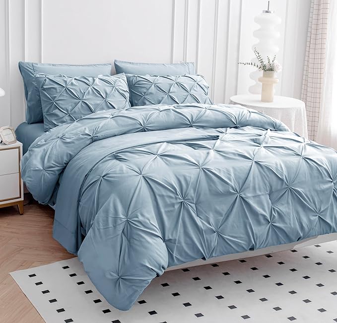 LANE LINEN King Size Comforter Set with Sheets, Complete 7 Piece King Comforter Set, Pintuck King Bedding Set, Soft King Size Bed in a Bag Set, Premium King Bed Set, Pillowcases & Shams - French Blue - LeafyLoom