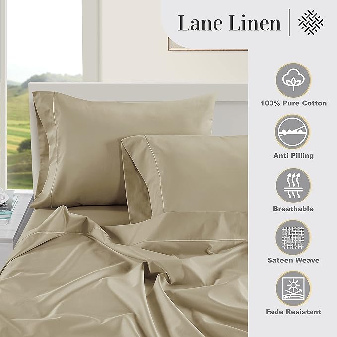 LANE LINEN 100% Egyptian Cotton Bed Sheets - 1000 Thread Count 3-Piece Twin Sheets Set, Long Staple Cotton Bedding Sheets, Sateen Weave, Luxury Hotel Sheets, Fits Upto 16' Mattress - Linen - LeafyLoom