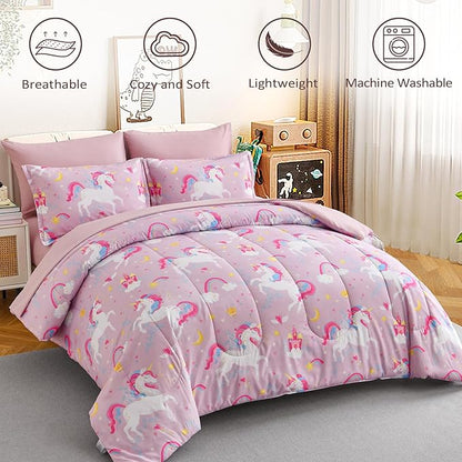 Queen Comforter Set for Girls, 7 Pieces Bed in a Bag with Shams, Sheet Set, Pink Unicorn Double Soft Microfiber Kids Comforter Bedding Set - LeafyLoom