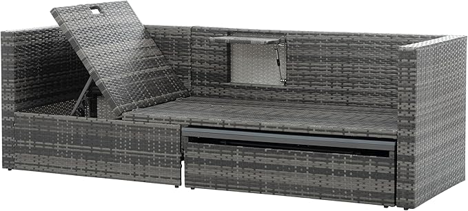 Modular Rattan Outdoor Sectional Furniture, Wicker Conversation Patio Sets with Plywood Coffee Table and Lounger Sofa for Backyard, Db-Navy Blue - LeafyLoom