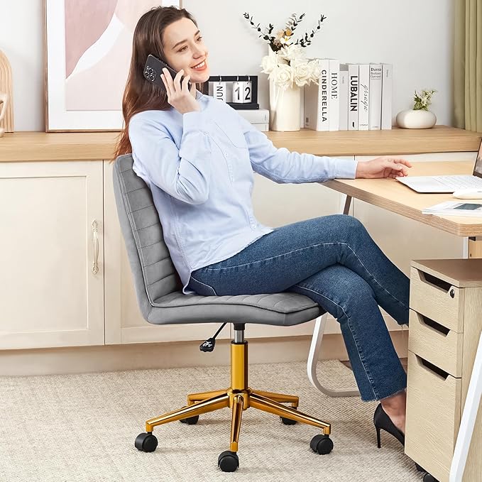 Furniliving Home Office Chair, Armless Vanity Chair with Wheels Swivel Velvet Computer Rolling Desk Chair with Back, Adjustable Accent Chair with Gold Metal Base Stool Chair,Gray - LeafyLoom