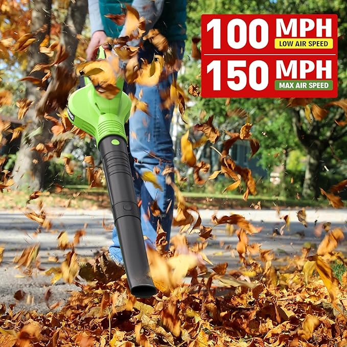 Cordless Leaf Blower, 150MPH Handheld Electric Leaf Blower with 2 x4.0Ah Battery and Charger, 2 Speed Modes, 20V Lightweight Battery Operated Leaf Blowers for Lawn Care, Patio, Blowing Leaves and Snow - LeafyLoom