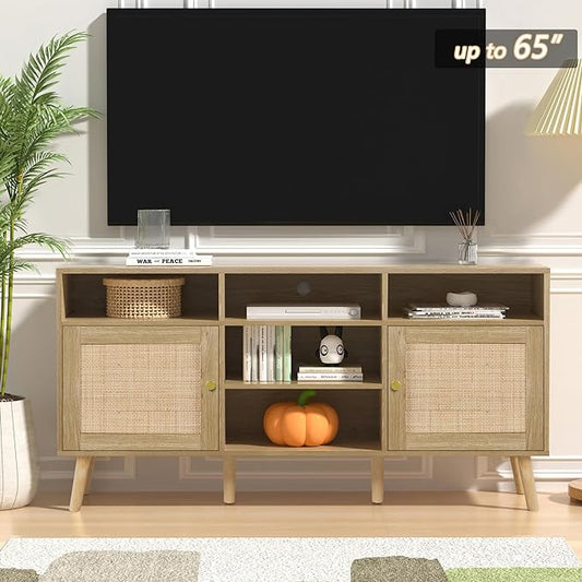 Anmytek Rattan TV Stand for TV up to 65inch,30'' Tall Farmhouse TV Stand Mid Century Modern TV Stand with Storage TV Console Entertainment Center Media Cabinet for Living Room Bedroom - LeafyLoom