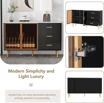 Modern Sideboard MDF with Marble Sticker Tabletop and Amber-Yellow Tempered Glass Doors,Freestanding Buffet Storage Cabinet,W/Gold Metal Legs & Handles,for Dining Room,Kitchen,Black, 60" - LeafyLoom